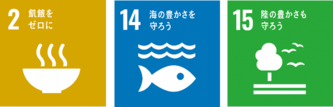 SDGsのアイコン　2飢餓をゼロに、14海の豊かさを守ろう、15陸の豊かさも守ろう