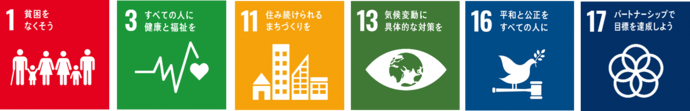 SDGsのアイコン　1貧困をなくそう、3すべての人に健康と福祉を、11住み続けられるまちづくりを、13気候変動に具体的な対策を、16平和と公正をすべての人に、17パートナーシップで目標を達成しよう