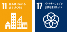 SDGsのアイコン　11住み続けられるまちづくりを、17パートナーシップで目標を達成しよう