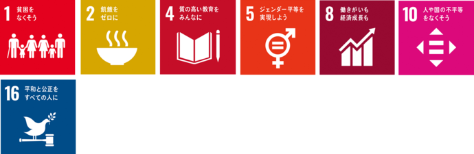 SDGsのアイコン　1貧困をなくそう、2飢餓をゼロに、4質の高い教育をみんなに、5ジェンダー平等を実現しよう、8働きがいも経済成長も、10人や国の不平等をなくそう、16平和と平等をすべての人に